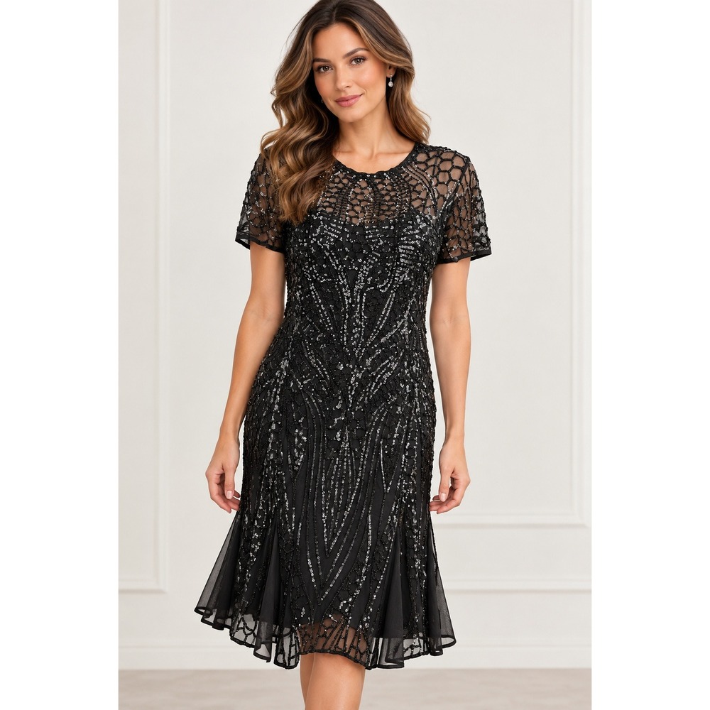 R&M Richards Sequin Dress Black Art Deco Glam Gatsby Formal Old Hollywood 12P